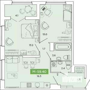 2-к квартира, вторичка, 59м2, 7/14 этаж