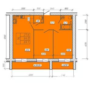 3-к квартира, вторичка, 69м2, 6/9 этаж