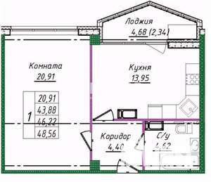 1-к квартира, вторичка, 49м2, 6/14 этаж