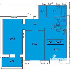 2-к квартира, строящийся дом, 65м2, 4/9 этаж