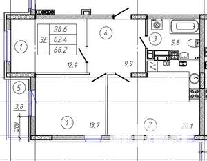 3-к квартира, строящийся дом, 66м2, 8/9 этаж