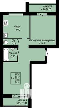 1-к квартира, строящийся дом, 67м2, 4/9 этаж