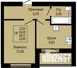 1-к квартира, вторичка, 37м2, 3/9 этаж