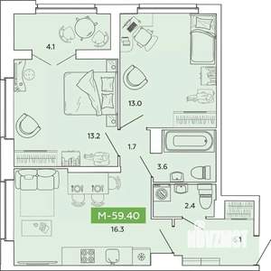 2-к квартира, строящийся дом, 59м2, 5/14 этаж