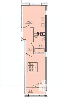 1-к квартира, строящийся дом, 42м2, 1/17 этаж