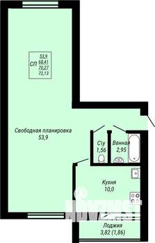 1-к квартира, строящийся дом, 72м2, 4/9 этаж