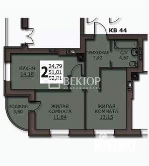 2-к квартира, вторичка, 53м2, 2/10 этаж