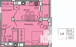 1-к квартира, вторичка, 38м2, 6/9 этаж