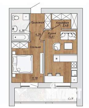 1-к квартира, строящийся дом, 44м2, 3/10 этаж