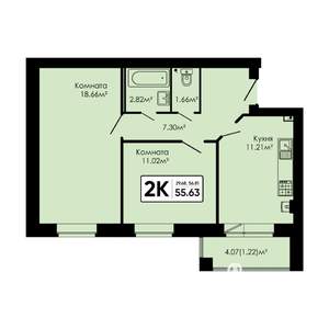 2-к квартира, вторичка, 56м2, 1/4 этаж