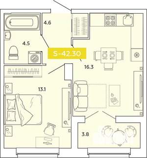 1-к квартира, вторичка, 42м2, 2/14 этаж