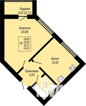 1-к квартира, строящийся дом, 45м2, 2/9 этаж