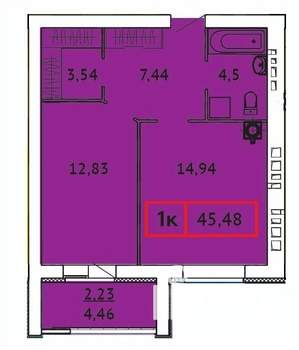 1-к квартира, вторичка, 45м2, 9/9 этаж