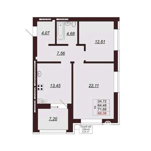 2-к квартира, вторичка, 72м2, 9/9 этаж