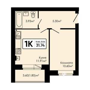 1-к квартира, вторичка, 32м2, 3/4 этаж