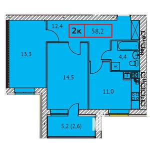 2-к квартира, строящийся дом, 58м2, 1/9 этаж