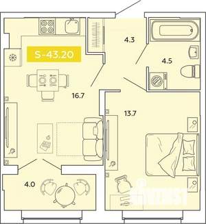 1-к квартира, строящийся дом, 43м2, 4/14 этаж