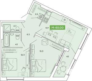 2-к квартира, вторичка, 65м2, 5/14 этаж