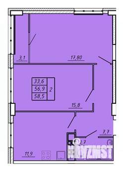 2-к квартира, строящийся дом, 59м2, 6/17 этаж