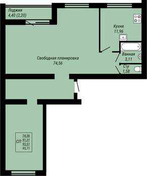 1-к квартира, строящийся дом, 96м2, 4/9 этаж