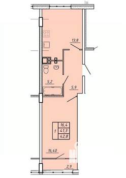 1-к квартира, строящийся дом, 43м2, 1/17 этаж