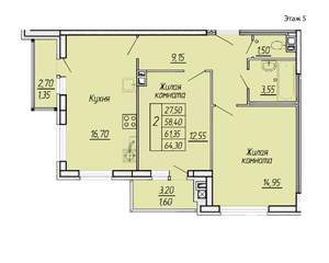 2-к квартира, вторичка, 64м2, 5/11 этаж