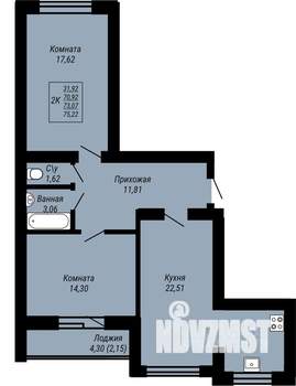 2-к квартира, строящийся дом, 75м2, 3/9 этаж