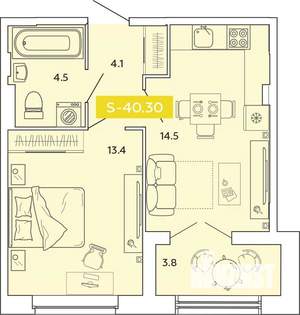 1-к квартира, вторичка, 40м2, 2/14 этаж