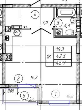 1-к квартира, строящийся дом, 46м2, 5/9 этаж