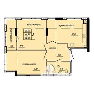 2-к квартира, строящийся дом, 74м2, 8/9 этаж