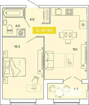 1-к квартира, строящийся дом, 47м2, 2/14 этаж