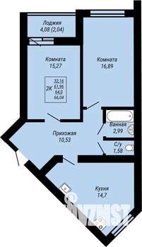 2-к квартира, строящийся дом, 66м2, 1/9 этаж