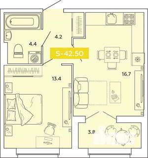 1-к квартира, строящийся дом, 43м2, 2/14 этаж