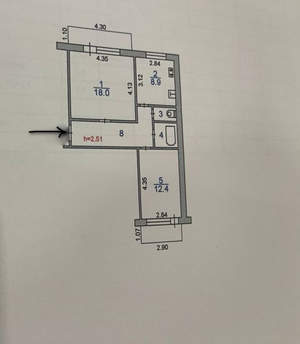 2-к квартира, вторичка, 52м2, 6/9 этаж