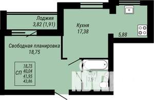 1-к квартира, строящийся дом, 44м2, 6/9 этаж