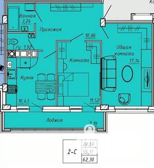 2-к квартира, вторичка, 62м2, 4/9 этаж
