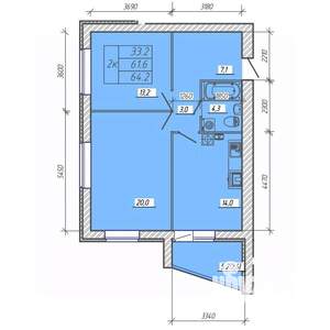 2-к квартира, вторичка, 64м2, 1/9 этаж