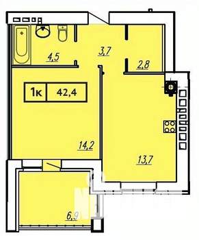 1-к квартира, вторичка, 42м2, 6/9 этаж