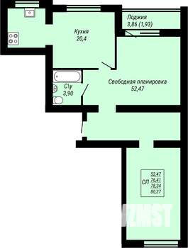 1-к квартира, строящийся дом, 80м2, 6/9 этаж