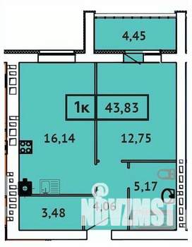 1-к квартира, строящийся дом, 44м2, 4/9 этаж