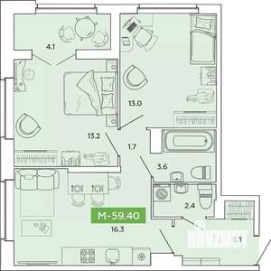 2-к квартира, строящийся дом, 59м2, 11/14 этаж