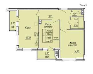 2-к квартира, вторичка, 64м2, 6/11 этаж