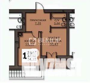 1-к квартира, вторичка, 34м2, 1/10 этаж