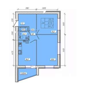 2-к квартира, вторичка, 64м2, 5/9 этаж
