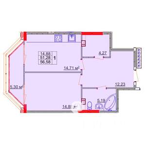 1-к квартира, строящийся дом, 57м2, 11/14 этаж