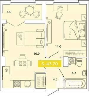 1-к квартира, строящийся дом, 44м2, 2/14 этаж