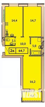 2-к квартира, строящийся дом, 65м2, 3/9 этаж