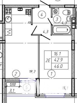 2-к квартира, строящийся дом, 46м2, 2/9 этаж
