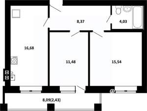 2-к квартира, строящийся дом, 56м2, 4/4 этаж