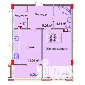 1-к квартира, строящийся дом, 56м2, 7/15 этаж